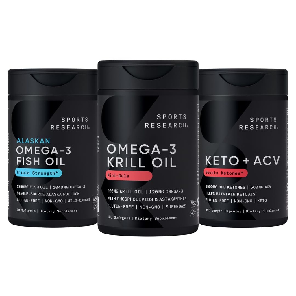 Investigación Deportiva Triple Fuerza Omega 3 Fish Oil, Antártico Krill Oil + Phospholipids, Choline " Astaxanthin Mini-Softgels, Keto Plus ACV 500mg de Apple Cider Vinegar " 1500mg goBHB Ketones exógenos