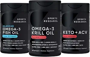 Sports Research Triple Strength Omega 3 Fish Oil, Antarctic Krill Oil + Phospholipids, Choline & Astaxanthin Mini-Softgels, Keto Plus ACV 500mg of Apple Cider Vinegar & 1500mg goBHB Exogenous Ketones