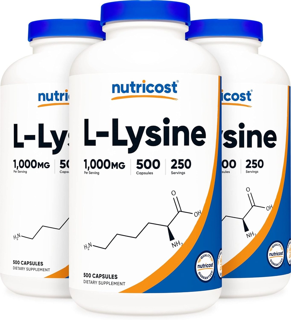 Nutricost L-Lysine 500mg (servicio de 1000mg), 500 cápsulas (3 botellas)