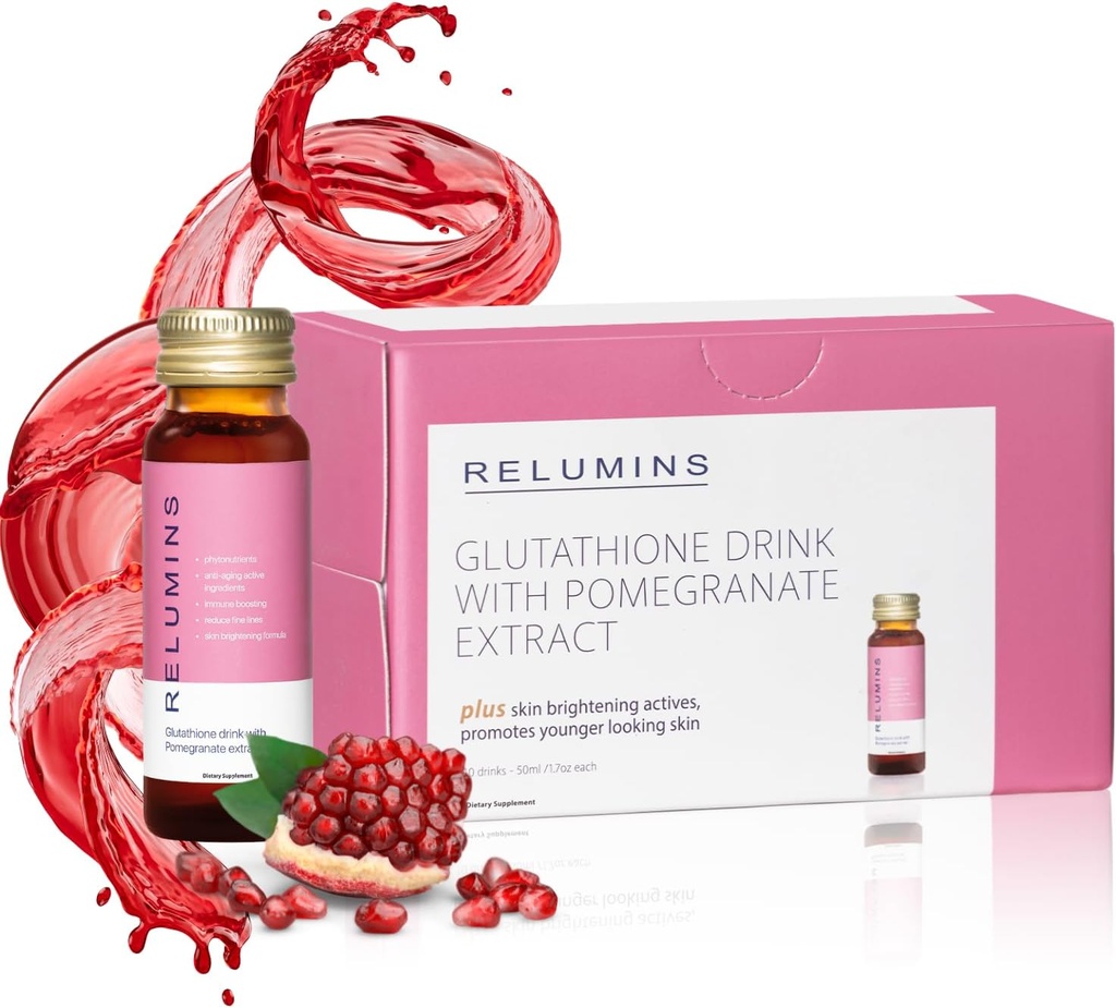 Relumins Glutathione Hydration Shots - Post-Summer Skin Recovery " Cold Weather Hydration - Collagen-Boosting " Made in USA - Pomegranate Flavor – 10 Bottles x 50 ml
