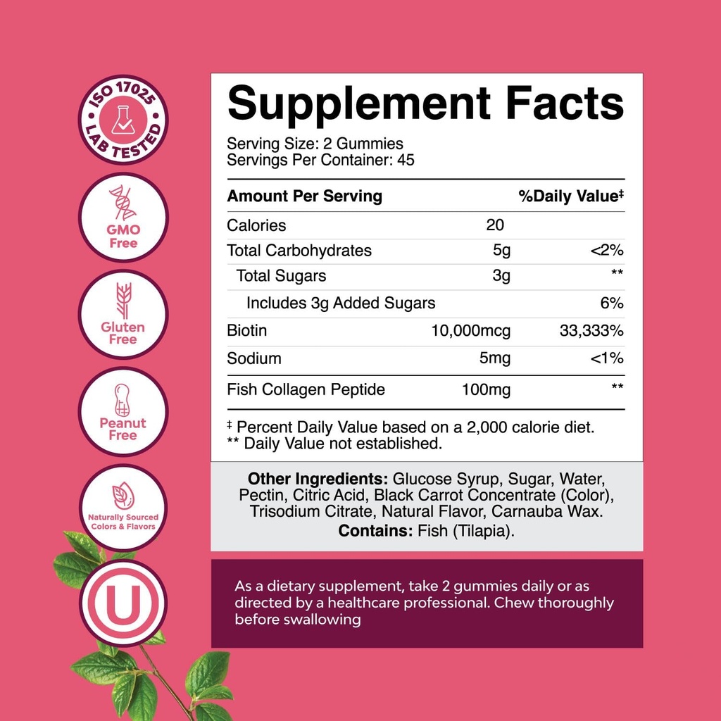 Hair Skin and Nails Gummies for Women - Extra Strength Biotin and Collagen Gummies for Women Hair Skin Nails Support - Non-GMO Kosher Marine Collagen Biotin 10000mcg per serving (45 Days)