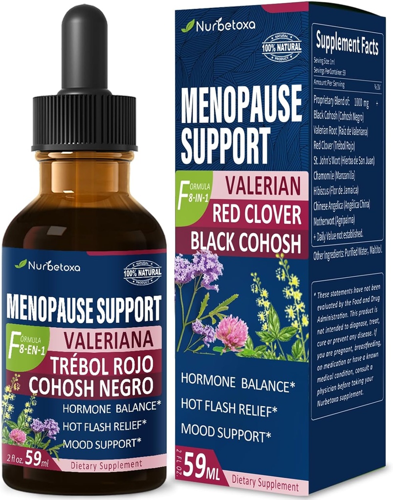 Black Cohosh Menopause Support Drops, Phytoestrogen Supplements W/Red Clover, Motherwort &amp; St. John's Wort Extract for Hot Flashes, Night Sweats & Comfort. Cimicifuga para Menopausia. 2oz