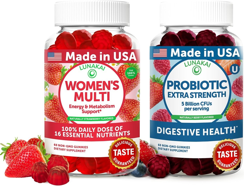 Lunakai USA Made Womens Multivitamin &amp; Probiotic Gummies Bundle – 16 Multi Vitaminas &amp; Probiótico para el soporte de la digestión – 60ct Cada