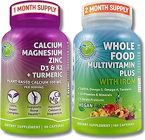 Multivitamina de alimentación entera vegana con hierro + calcio de base vegetal, magnesio, zinc, D3, K2 " Turmérico orgánico - Suplemento diario completo para hombres " Mujeres – Energía, Inmunidad " Soporte de bonificación