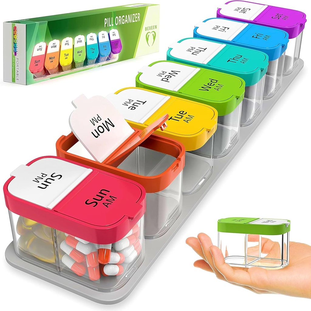 Extra Large Weekly Pill Organizer - XL Vitamin Holder with 7 Detachable AM PM Compartments - dispensador de medicina portátil para el hogar y el viaje, gran contenedor de suplemento para uso semanal o diario, Rainbow