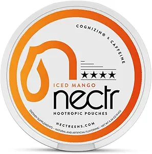 Nectr Energy Nootropic Pouches – Iced Mango Flavored, Caffeine Pouches with Cognizin® Citicoline. Treats cerebrales libres de azúcar. Smooth, Sustained Focus & Energy Supplement - 1 Puck of 16pcs