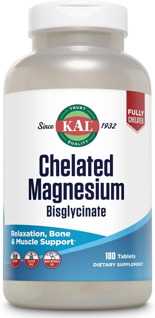 KAL Chelated Magnesium Bisglycinate, Magnesium Supplement for Relaxation, Bone Health, Nerve &amp; Muscle Function Support*, High Absorption, Gentle Digestion, Vegan, Gluten Free, 60 Servings, 180 Tablets