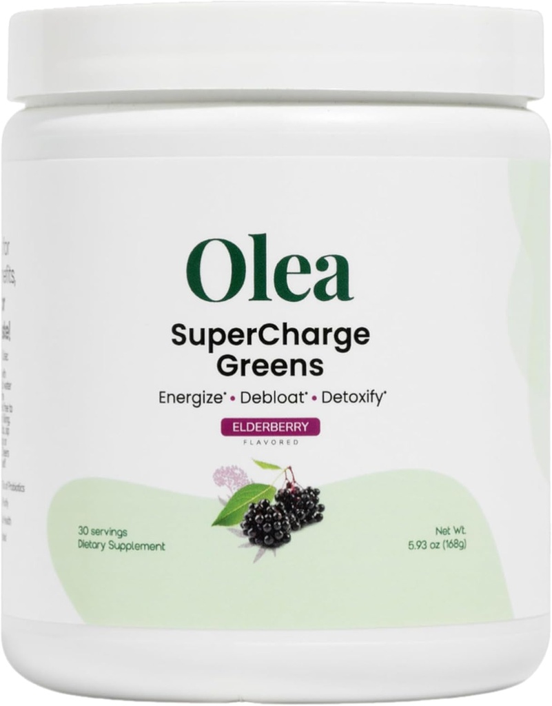 Olea Supercharge Greens – Bloat Relief & Clean Energy Support – Yerba Mate + Probiotics + Enzymes Digestivos + Fiber – No Sugar Añadido – Gut Health Greens Drink for Daily Digestion