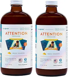 LIQUIDHEALTH Attention, Liquid Multivitamin for Kids & Teens - Improves Memory Retention, Concentration, Focus, Mood, Relaxation & Calming - Made in The USA, Great Taste, Vegan, Sugar-Free (2 Pack)