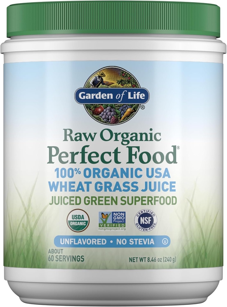 Garden of Life Raw Organic Perfect Food 100% Organic USA Wheat Grass Juice - Juiced Green Superfood Green Powder, 60 Servings - Stevia-Free, Non-GMO, Vegan, Gluten Free Whole Food Dietary Supplement