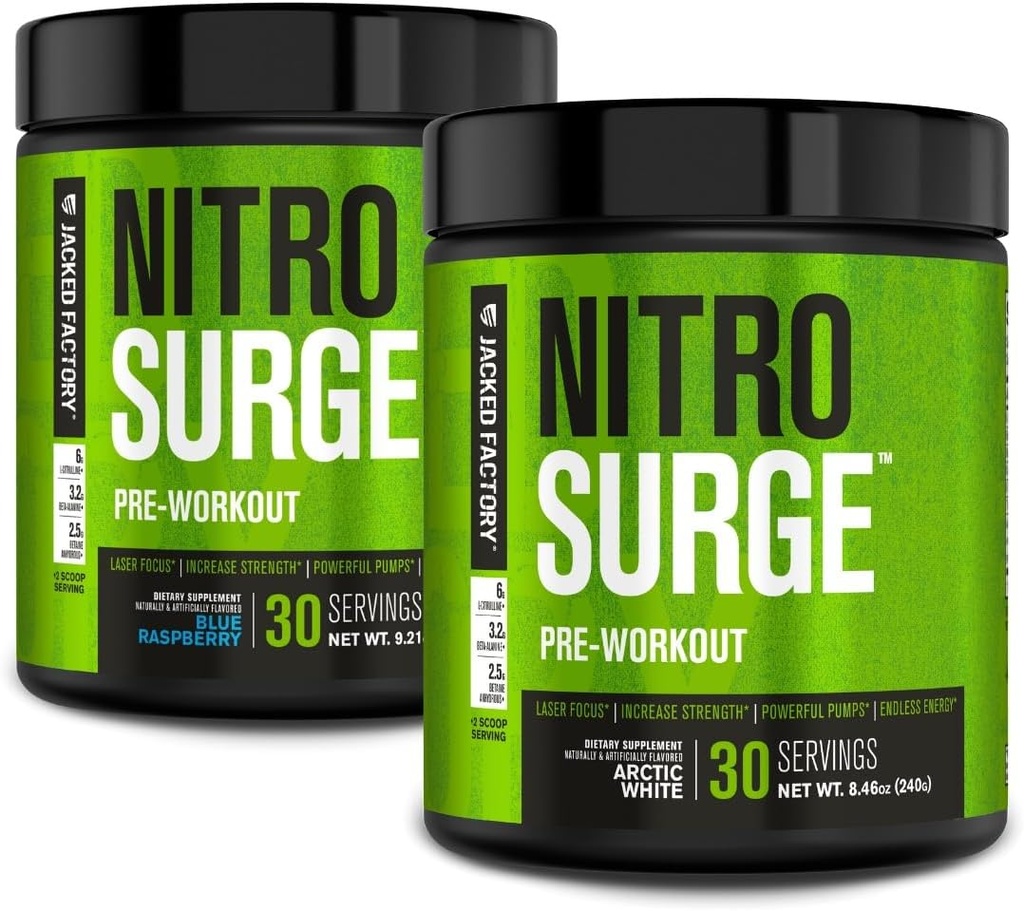 Jacked Factory NITROSURGE Pre Workout Supplement for Energy, Instant Strength Gains, Clear Focus, & Intense Pumps (Blue Raspberry, 30 Servings & Arctic White, 30 Servings)