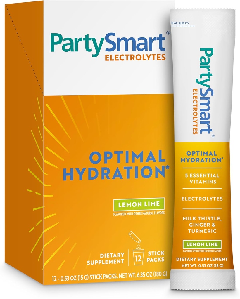 Himalaya PartySmart Lemon Lime Electrolytes Powder Packets, 12 Cuenta, Asistencia Hidratación, Rehidratación con Sodio & Potasio, Vitamina C &amp; más, Antioxidante Recuperación de Leche Ligero Thistle, Ginger & Turmeric