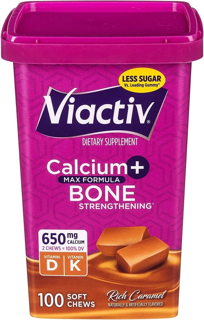 Viactiv Max Fórmula Calcio +Vitamin D3 Suplemento de Bone Health, Rich Caramel, 100 Soft Chews - 6 Pack