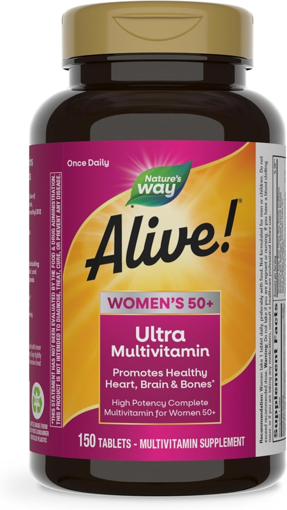 ¡El Camino de la Naturaleza Alive! Vitaminas para Mujer 50 Plus, Multivitamina completa, Fórmula de alta potencia, con B12 metilada, sin gluten, 150 Tabletas