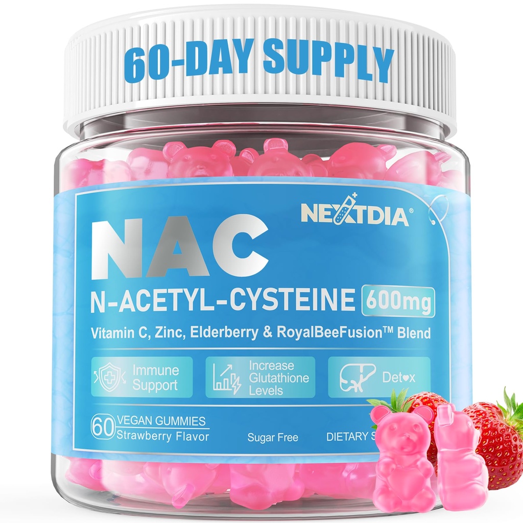 Nextdia NAC Gummies for Kids &amp; Adults, Chewable N-Acetyl Cysteine Supplement 600mg 1000mg w/Vitamin C, Zinc, Elderberry for Antioxidants & Immune Support, Lung &amp; Liver Health, Sugar Free, 120 Ct