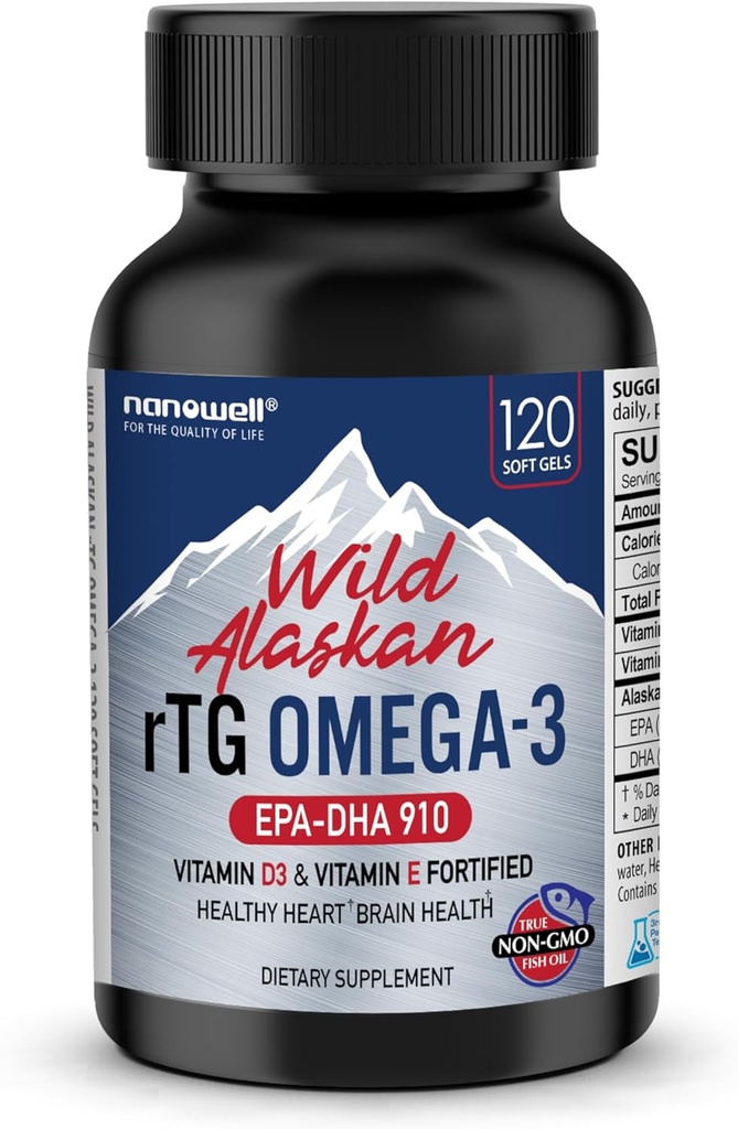 NANOWELL Wild Alaskan rTG Omega-3 Fish Oil 1196mg - EPA, DHA, Vitamin D3 & E - 120 Softgels, 60 Day Supply
