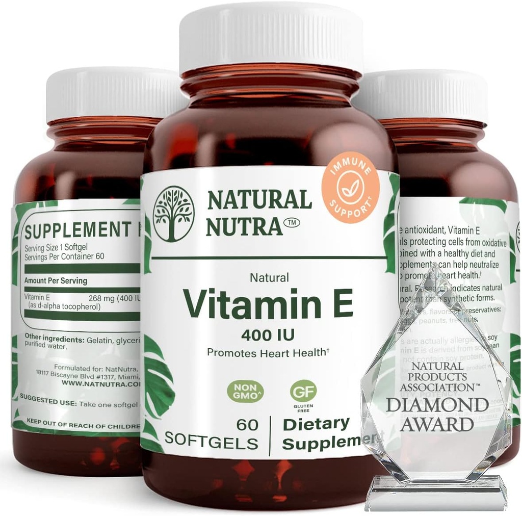 Natural Nutra Vitamin E 400 IU Supplement, Enrich Health Nutrients, Promotes Skin Health, Enhance Hair & Nails Growth, Supports Body Fat Level, Helps Heart Health & Protects Skin Texture, 60 Soft gels