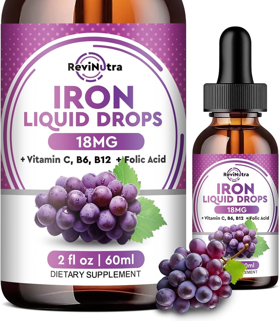 Suplemento de hierro líquido para mujeres, hombres y niños - gotas de hierro líquido con folato, vitamina C, B6, B12 para anemia, célula de sangre roja, apoyo energético - sabor de la uva, 2 Fl Oz