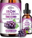 Suplemento de hierro líquido para mujeres, hombres y niños - gotas de hierro líquido con folato, vitamina C, B6, B12 para anemia, célula de sangre roja, apoyo energético - sabor de la uva, 2 Fl Oz