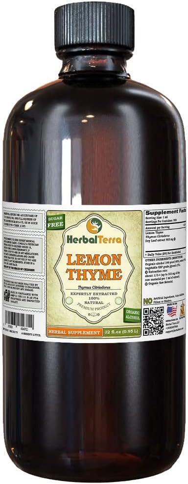 Tomo de limón (Thymus x Citriodorus) Tintura, Extracto líquido de hierba seca orgánica (Marca: HerbalTerra, Proudly Made in USA) 32 fl.oz (0.95 l)