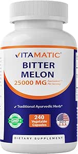 Vitamatic Bitter Melon- 25000 mg Equivalent Per Serving (from 25:1 Extract 1000 mg)- 240 Vegetarian Capsules, and Concentrated 25X Potency 100% Vegetarian, All-Natural and Non-GMO