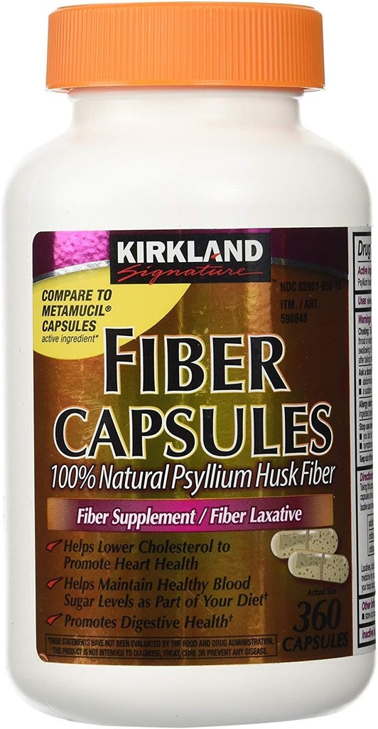 Fiber Capsules Kirkland Therapy for Regularity/Fiber Supplement, 360 cápsulas - Comparación con el Ingrediente Activo en Metamucil Capsules