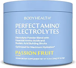BodyHealth PerfectAmino Electrolytes Polvo No Azúcar, Hidratación Ayuno Keto Zero Azúcar Electrolitos Beber mezcla con minerales Traza - Fruta Pasión - 60 Servimientos