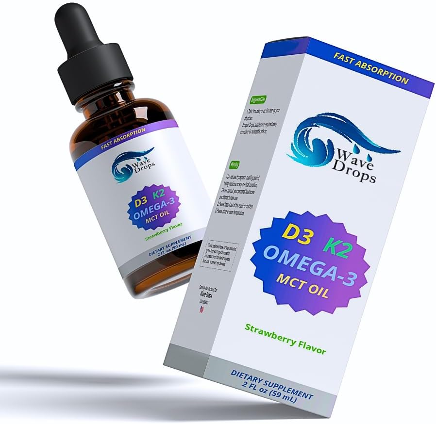 Maximum Strength Vitamin D3 " K2 + MCT Oil " Omega 3: Liquid Drops for Immune System, Brain Function " Energy (No Fillers, Non-GMO, 2 Fl Oz)