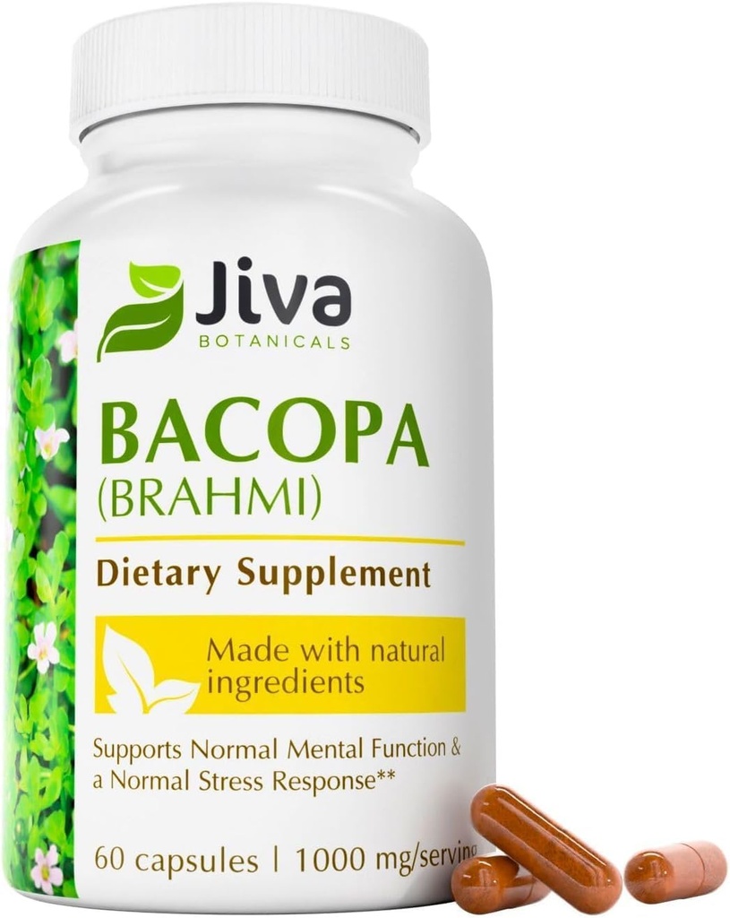 Jiva Botánicos Bacopa Monnieri Suplemento Puro 1000mg por Serving - Alta Potencia Bacopa Monnieri (Brahmi) " Extracto para cerebro normal, Focus, " Apoyo a la memoria - Herbs ayurvédico - 60 cápsulas