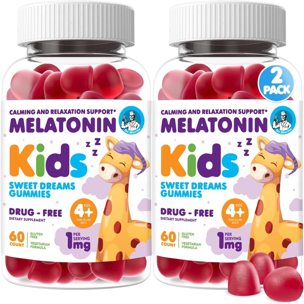 DR. MORITZ Melatonina para niños, Vegan Sleep Aid Suplementos con bajos azúcar, adultos y niños Melatonin Gummies con sabor a fresa, para los años 4+, 60 Condes