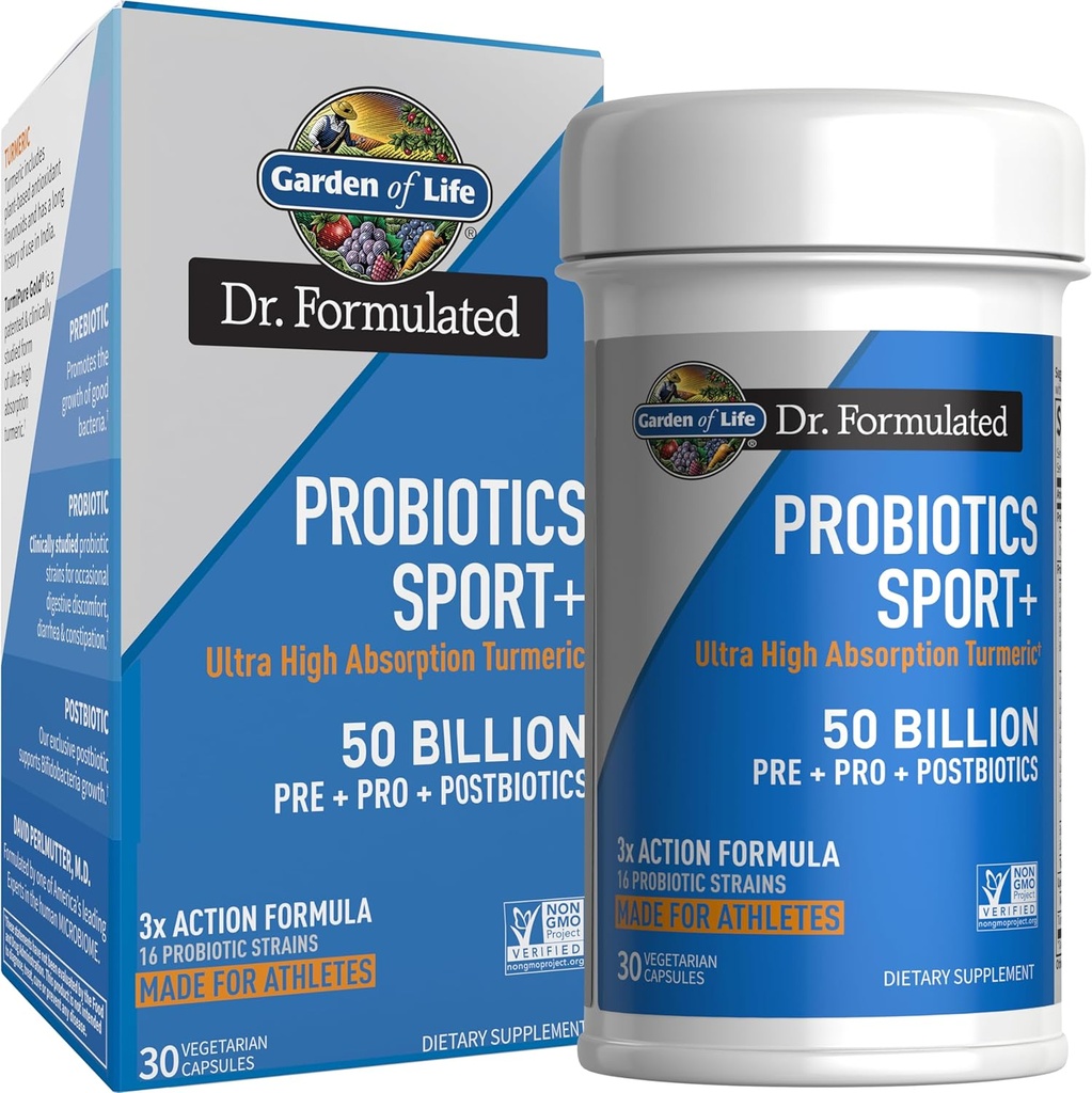 Garden of Life Dr Formulated Sport Probiotics Digestive Supplement, Organic Prebiotics for Women &amp; Men Athletes, Clinically Studied Turmeric Curcumin, 50 Billion CFU, Gut Health, Acidophilus, 30ct