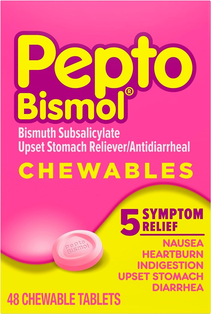 Pepto Bismol Chewable Tabletas para Nausea, Heartburn, Indigestión, Upset Stomach y Diarrea - 5 Symptom Fast Relief, Original Flavor, 48 ct