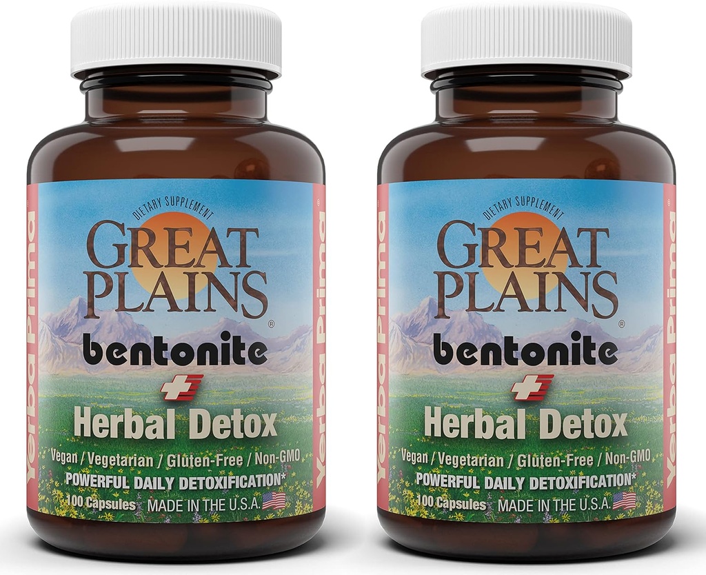 Yerba Prima Great Plains Bentonite Clay Caps Plus Herbal Detox (Pack of 2) - Grado de alimentos - Liver &amp; Colon Cleanse Supplement Capsules