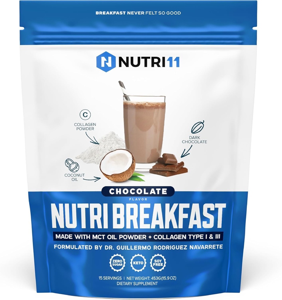 NutriBreakfast by Nutrillermo/Keto Protein Collagen Powder with MCT Oil/MCT Oil Powder/Keto Collagen Peptides with Grass-Fed Bovine Collagen Tipo I " III (15.9, Chocolate)