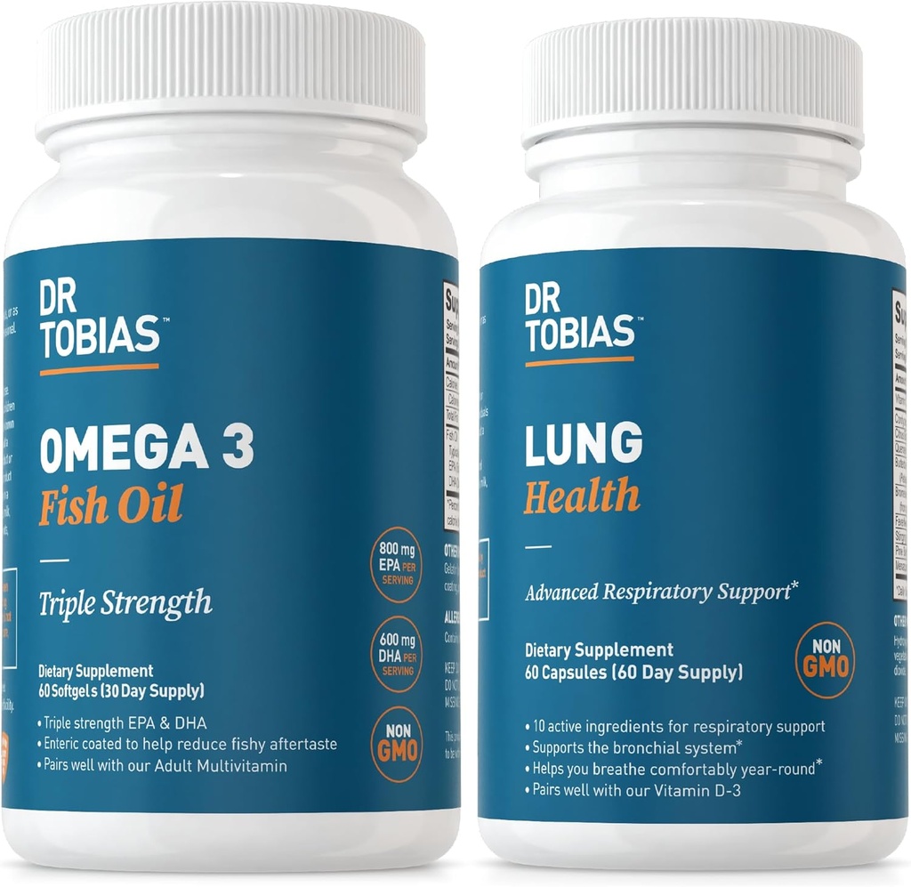 Dr. Tobias Omega 3 Fish Oil " Lung Health Supplements for Heart, Brain &amp; Immune Support, Lung Cleanse " Detox Formula for Bronchial " Respiratory System, 60 cápsulas