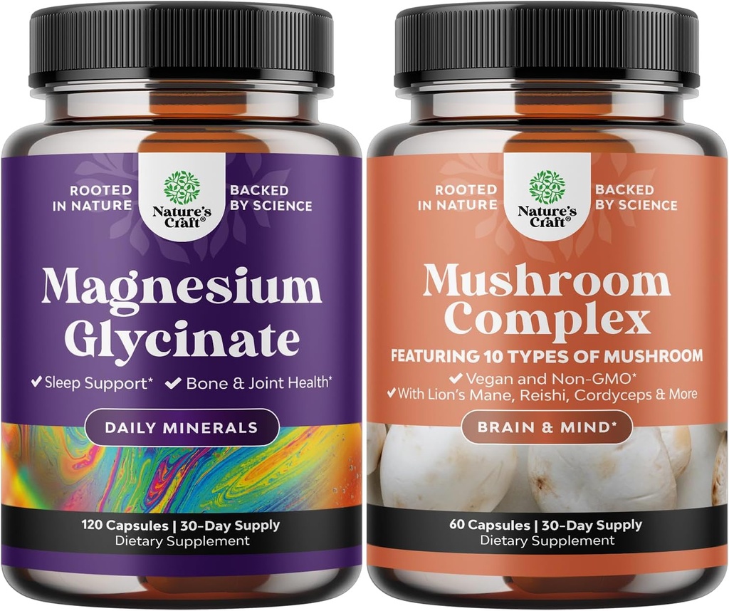 Bundle of Magnesium Glycinate Capsules Mineral and Nootropic Brain Focus Mushroom - Immune Support Bone Health Mood Support - 10X Mushroom Blend for Sugar Balance and Mental Focus