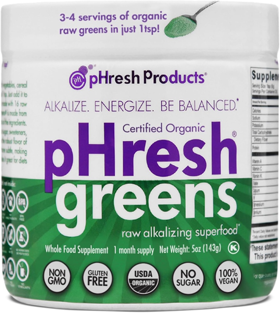 pHresh Greens Raw Alkalizing Superfood Greens Powder - 1 Mes de Suministro TEN Gluten-Free TEN Natural Enzymes ANTE Raw Nutrients ← Aprobado para el ayuno intermitente y dietas Keto TEN 5 onzas
