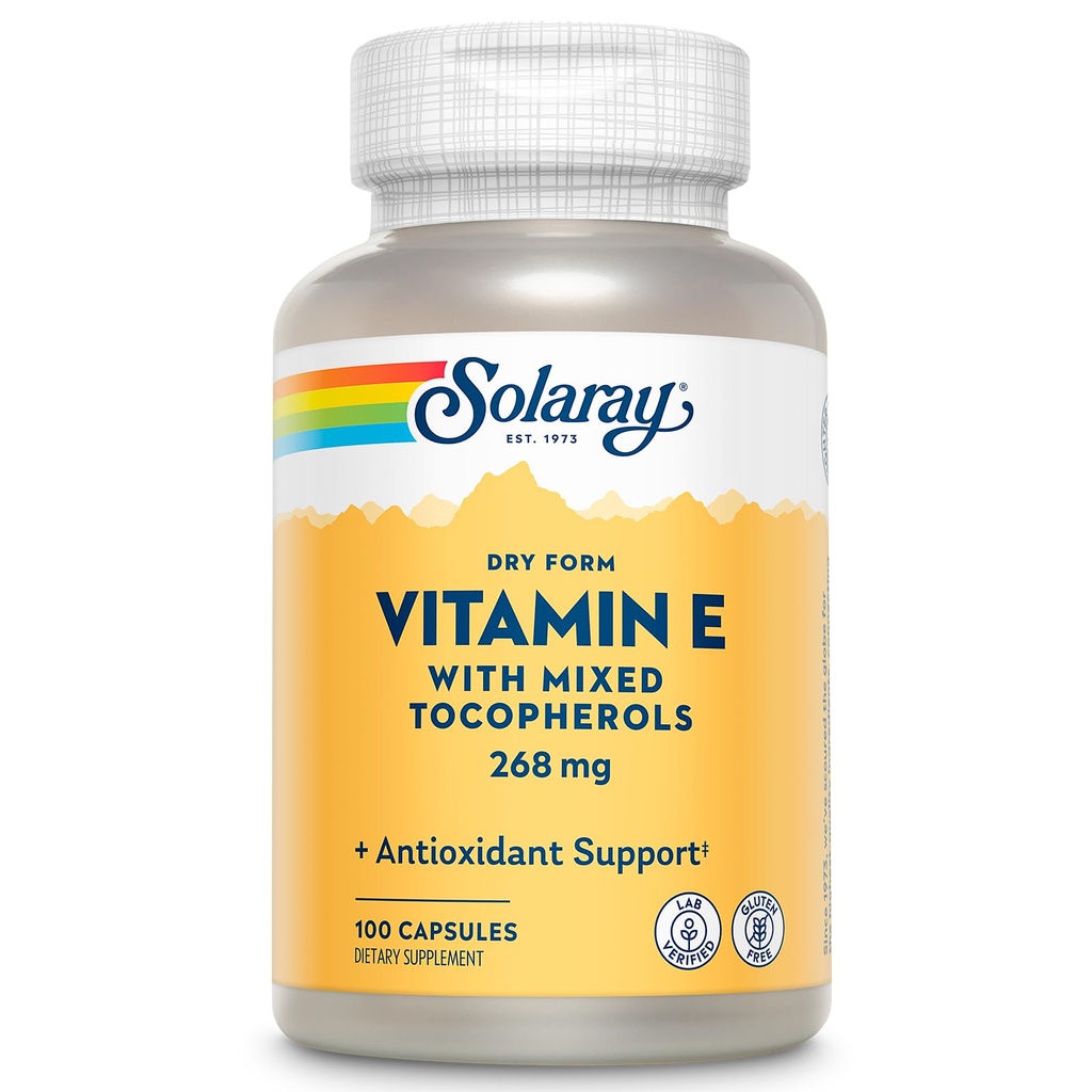 SOLARAY Vitamin E 400 IU (268mg), Dry Form - Natural Source, Mixed Tocopherols Vitamin E - Antioxidant Supplement, PMS and Menopause Support - 60-Day Guarantee, Lab Verified - 100 Serv, 100 Capsules