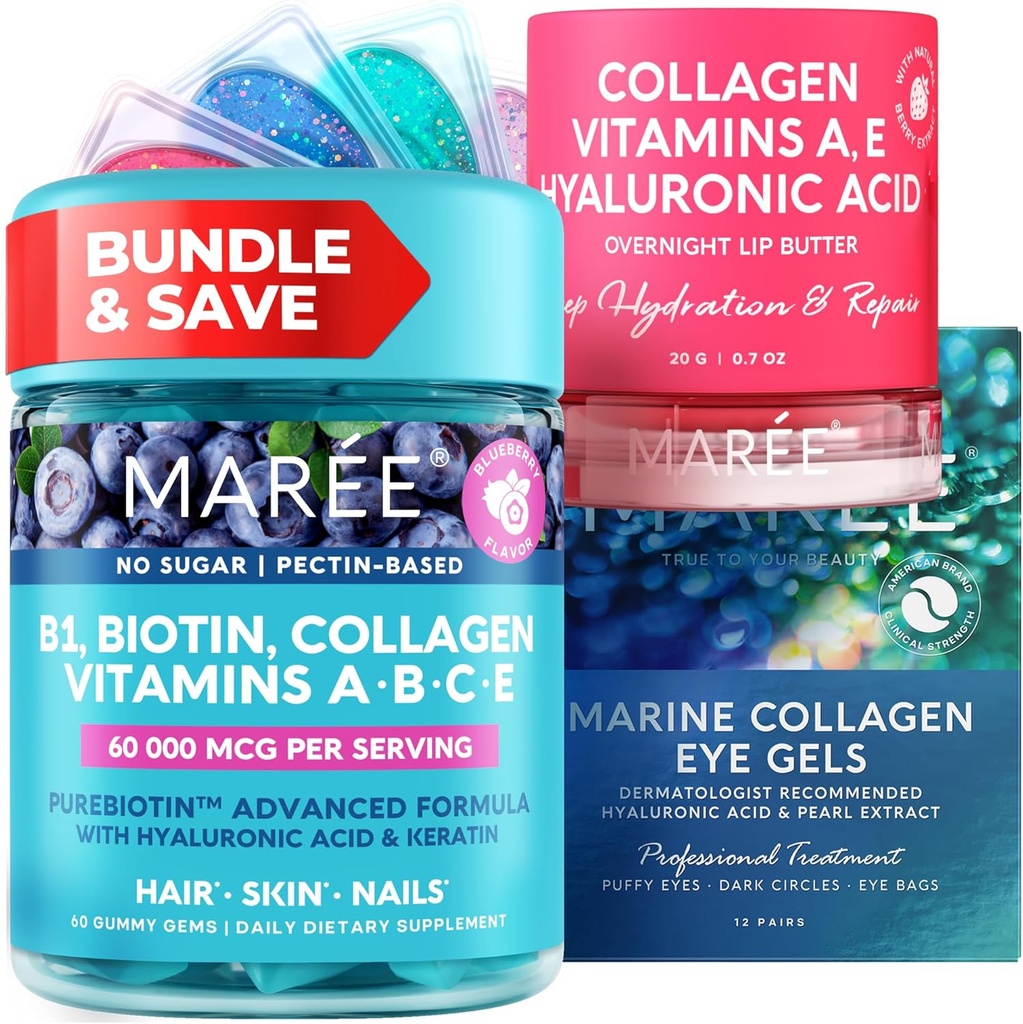 MAREE Bundle - Vitamina B1 Thiamine Gummies, Lip Mask, Under Eye Gels - A, E, D, C Vitaminas - Colagen &amp; Hyaluronic Acid - Complejo para la piel, uñas, cabello - Máscara para los labios secos - Gels for Puffy Eyes