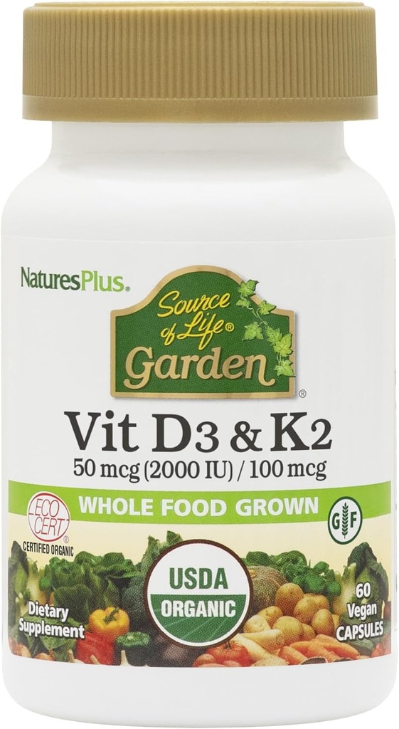 Natures Plus Fuente de Life Garden Vitamin D3 &amp; K2-60 Vegan Capsules - Promueve soporte de bonificación, función inmunitaria, salud cardiovascular &amp; equilibrio de humor - Vegan, Gluten Gratis - 60 Servings