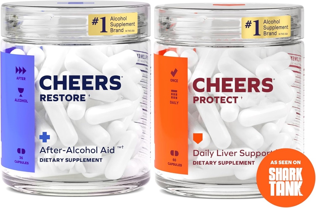 Cheers Liver Combo Silencioso Restaurar + Proteger Silencioso Su hígado &amp; Siéntete Mejor Después de Beber DHM, L-Cysteine, Milk Thistle, Prickly Pear, B-Vitamins  12 Doses Restaurar, 30 Doses Proteger Silenciosos Suplementos