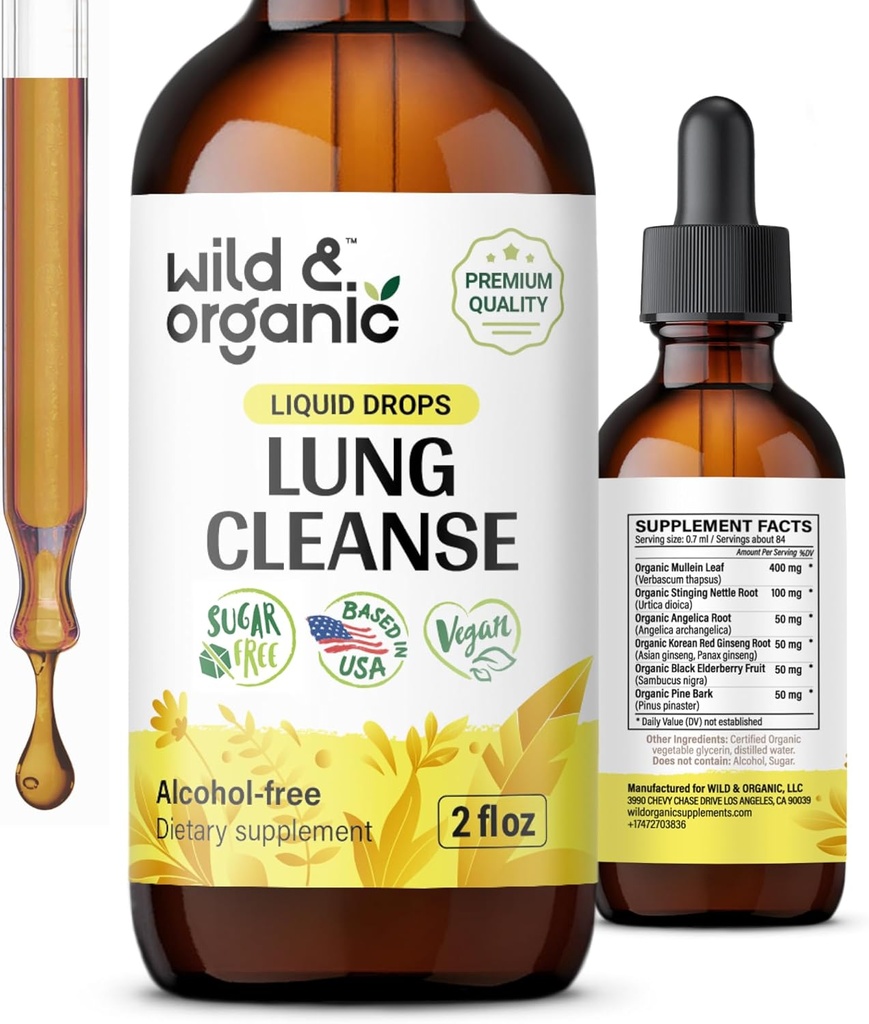 Wild &amp; Organic Lung Cleanse Tincture - Mullein Leaf Extract for Lungs - Herbal Detox Supplements - Vegan, Sugar &amp; Alcohol-Free Mullein Drops - 2 fl oz