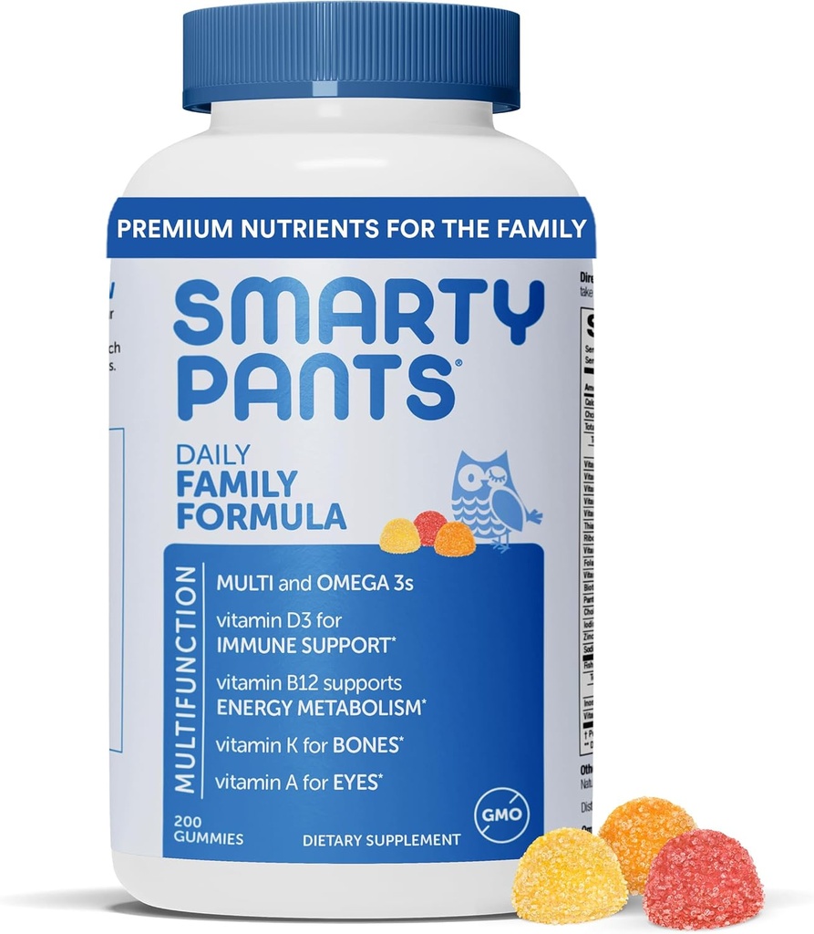 SmartyPants Multivitamin for Men, Women ' Children: Vitamin Gummies with Omega 3 Fish Oil (EPA/DHA), Methylfolate, Vitamina D3, C, Vitamina B12, B6, Vitamina A, K & Zinc, 200 Cuenta (30 Day Supply)