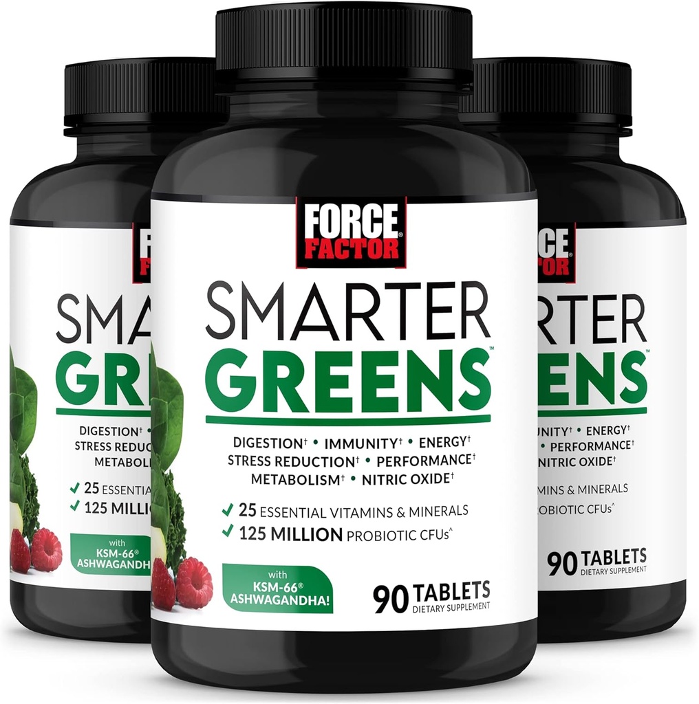 FORCE FACTOR Smarter Greens Tablets, 3-Pack, Greens Suplemento con 25+ Superfoods y Antioxidantes para mejorar la digestión, reducir el estrés, fortalecer la inmunidad y apoyar el metabolismo, 270 Tablets