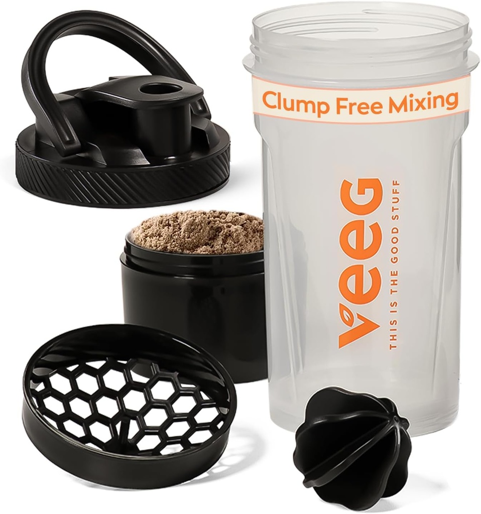 Botellas Veeg Shaker para Protein Mixes, Botella Protein Shake con bola de mezcla, colador, compartimento de almacenamiento. 24 oz botella de gimnasia, Flip Top Lid, Carry Handle. Libre de BPA, A prueba de Leak, Lavavajillas Caja Fuerte.