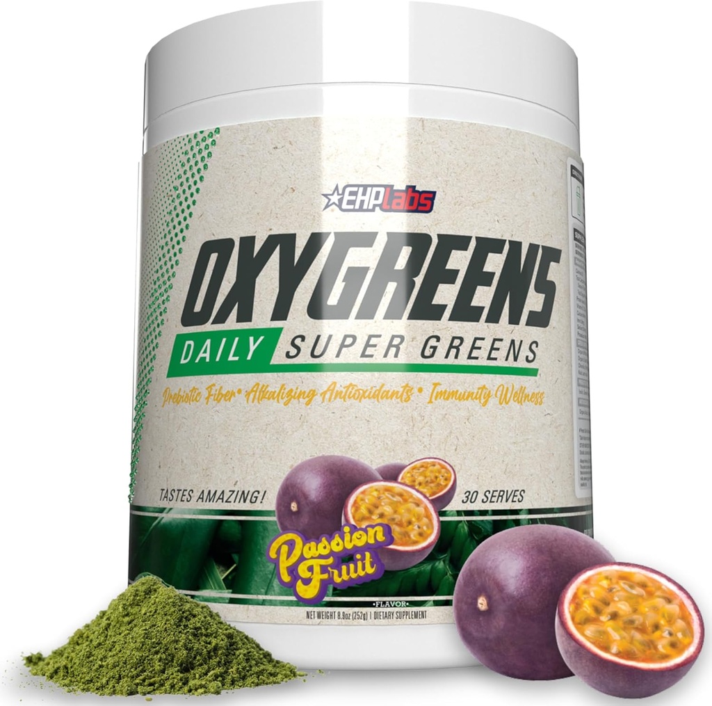 EHP Labs OxyGreens Super Greens Powder - Spirulina & Chlorella Superfood, Green Juice Powder & Greens Supplements with Prebiotic Fibre, Antioxidants & Immunity Support, 30 Serves (Passionfruit)