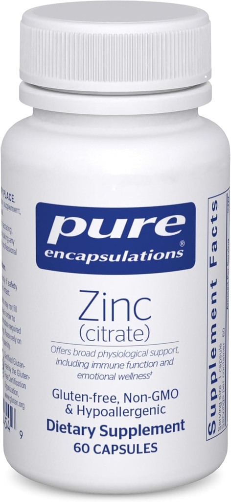 Pure Encapsulations Zinc (Citrate) - for Immune System, Tissue Development & Metabolism* - Suplemento mineral con Enzymes - Zinc altamente absorbible - Vegan " Non-GMO - 60 cápsulas