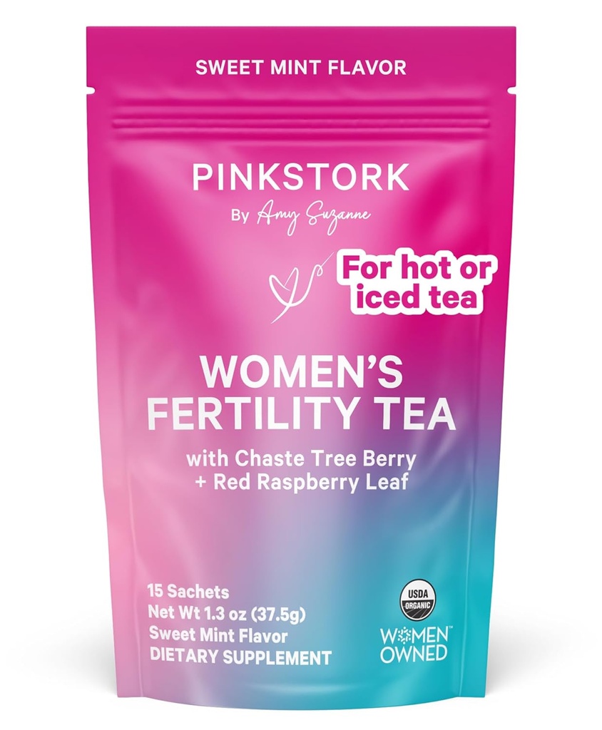 Pink Stork Organic Fertility Tea for Women ← Fertility Supplements for Women with Chaste Tree Berry (Vitex) + Red Raspberry Leaf ← Hormon Balance Herbal Tea for Conception Support  USDA Organic, Caffeine Free - Sweet Mint, 15 Sachets