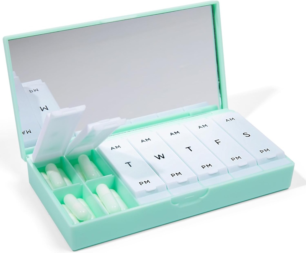 PORT X POLISH Designer Weekly Pill Box Organizer (AM/PM 2X Daily, Mint) | Compact, Stylish 7-Day Vitamin Supplement Case | Cute Portable Mini Travel Medicine Carrier | BPA-Free Pillbox Caddy