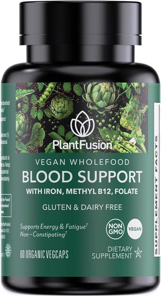 PlantFusion Vegan Iron Supplement for Women &amp; Men - Gentle Plant-Based Iron with Vitamin C, Methyl B12, Folate - Non-Constipating, Wholefood Iron Pills for Energy, Anemia &amp; Blood Support, 60 cápsulas